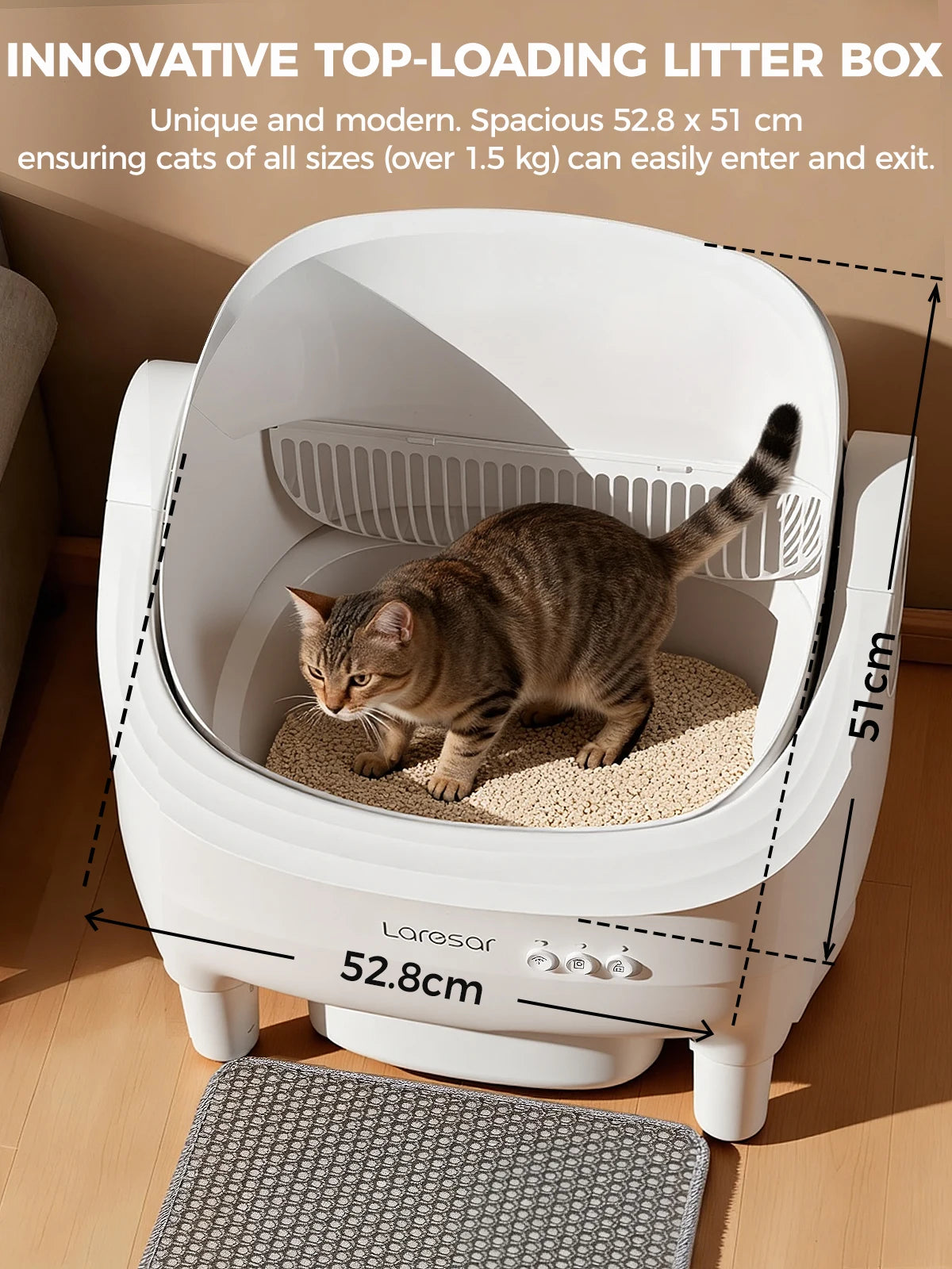 Laresar MINI-F Smart Litter Box – Lettiera Automatica Autopulente per Gatti con Monitoraggio App, Sensori Infrarossi e Aromaterapia