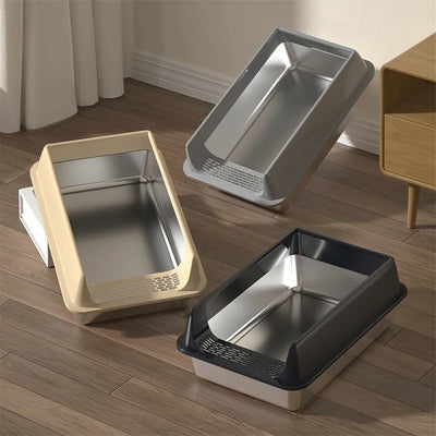 Lettiera per Gatti in Acciaio Inox con Bordo Antischizzo e Coperchio Rimovibile