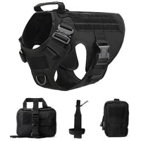 Pettorina Tattica per Cani Grandi MOLLE Regolabile con Maniglia e Attacchi Guinzaglio – Black 4 piece set
