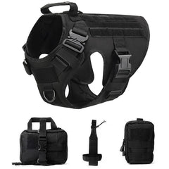 Pettorina Tattica per Cani Grandi MOLLE Regolabile con Maniglia e Attacchi Guinzaglio – Black 4 piece set