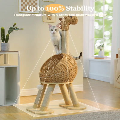 Tiragraffi per Gatti Dinosauro 116 cm con Cuccia in Rattan e Sisal
