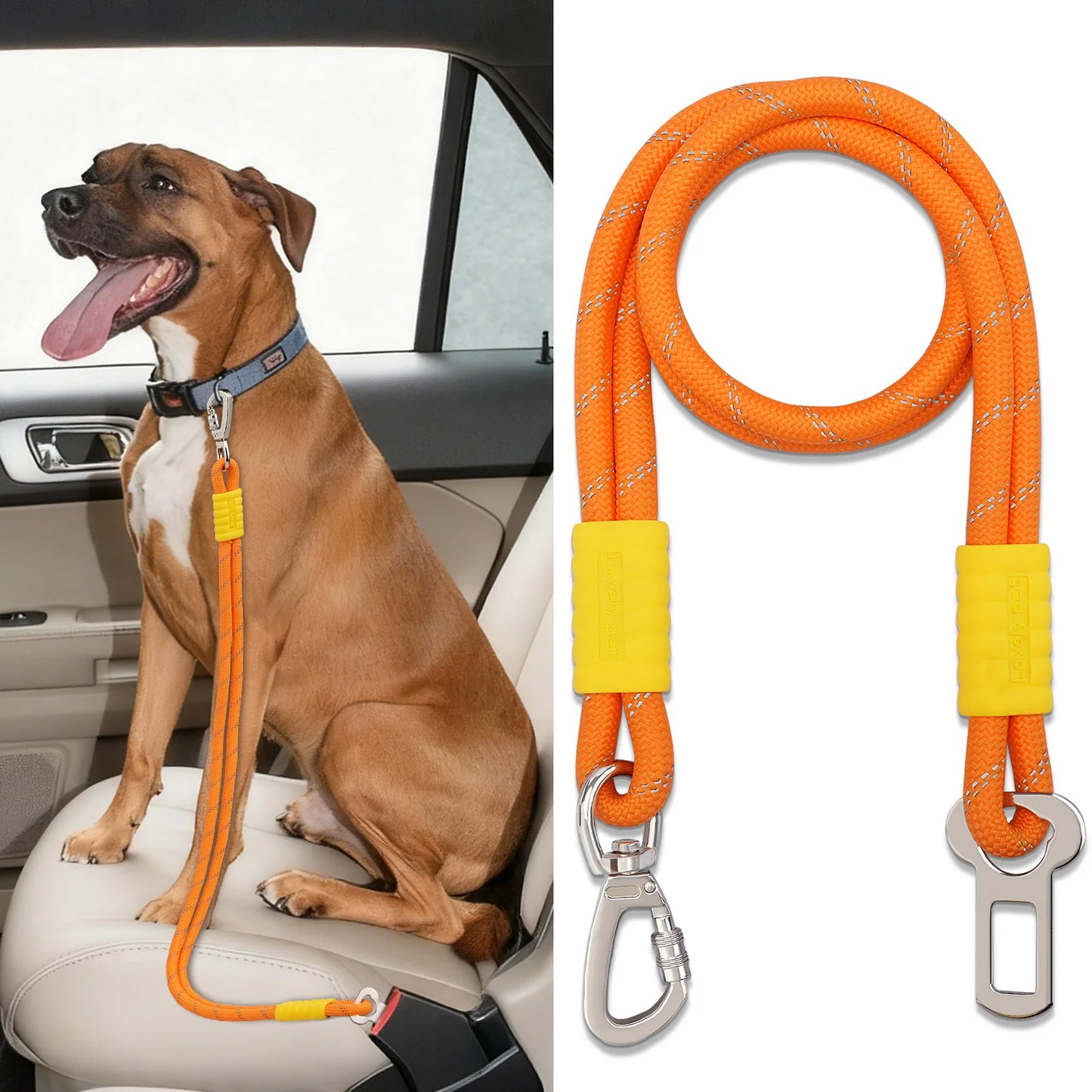 Cintura di Sicurezza per Cani in Auto con Doppia Corda | Guinzaglio Riflettente con Moschettone Girevole a 360°
