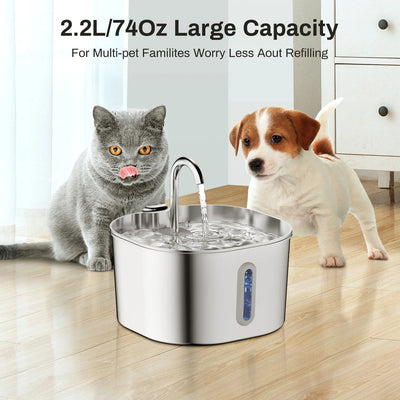 Fontanella Automatica 2,2 L in Acciaio Inox per Gatti e Cani con Filtro e Indicatore del Livello dell’Acqua