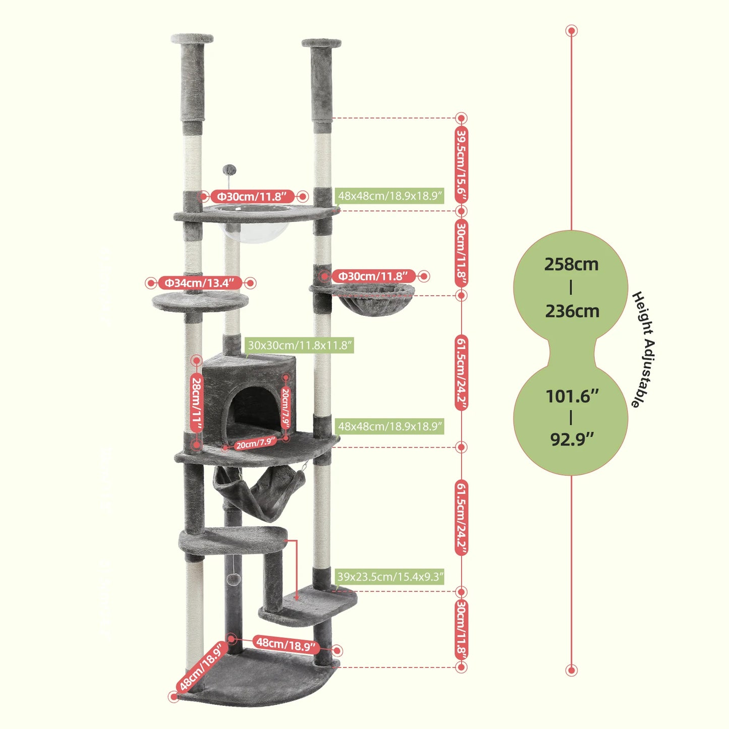 Tiragraffi Albero per Gatti da Pavimento a Soffitto | Cat Tree Regolabile con Cuccia, Amaca e Pali in Sisal