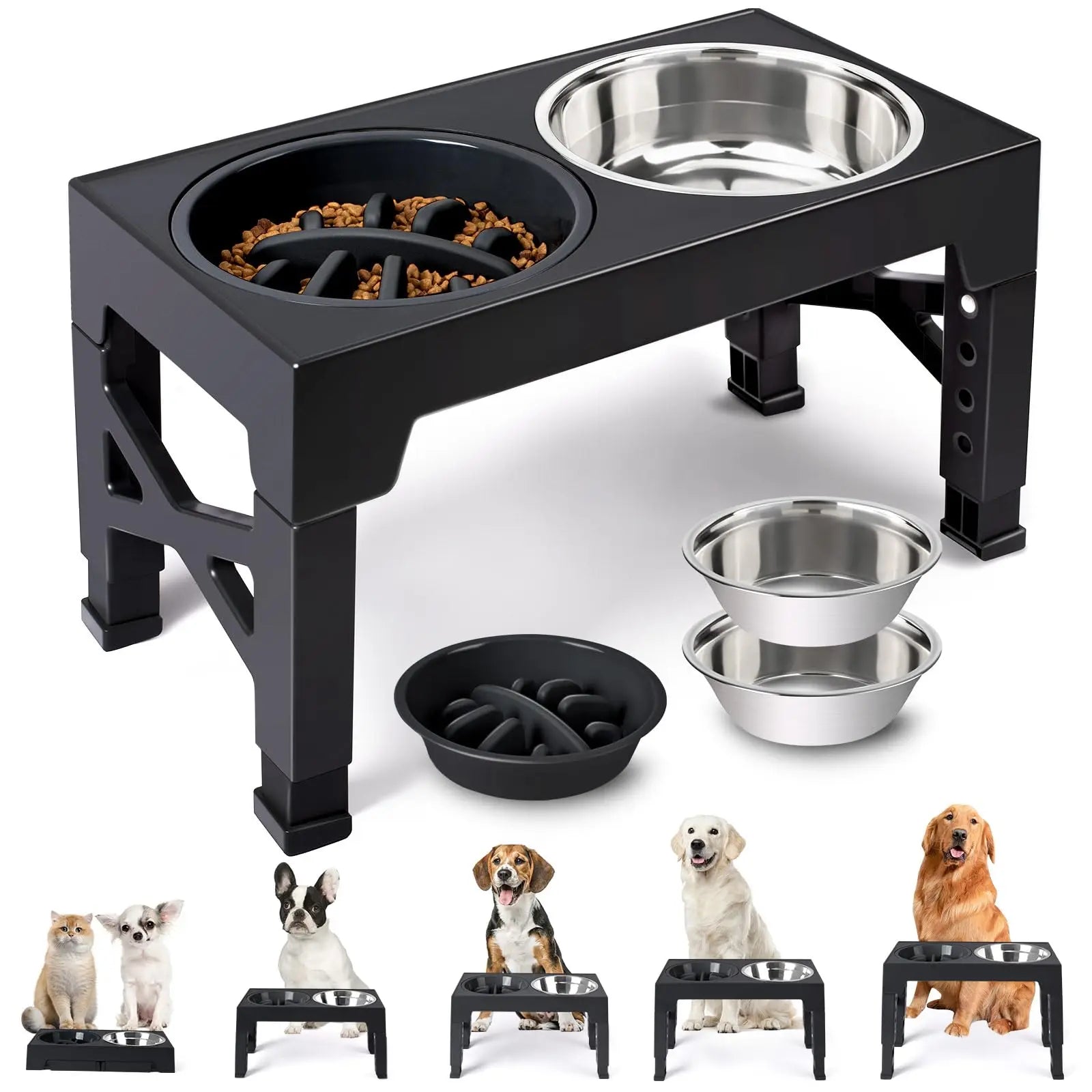 Ciotole Rialzate per Cani con Supporto Regolabile e 2 Ciotole in Acciaio Inox