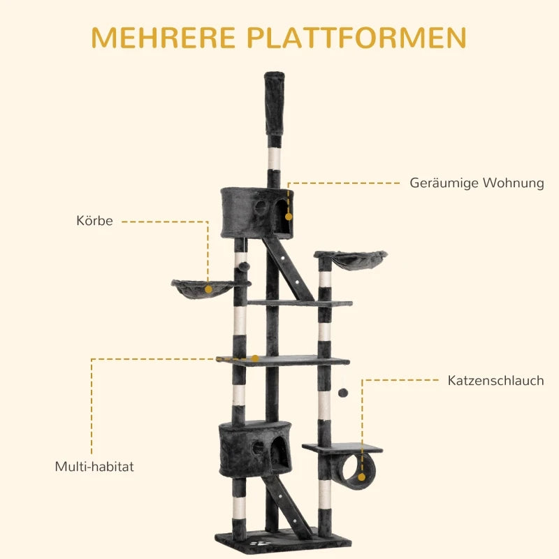 Albero Tiragraffi da Pavimento a Soffitto 240-260 cm per Gatti con Cucce, Tunnel e Pali in Sisal
