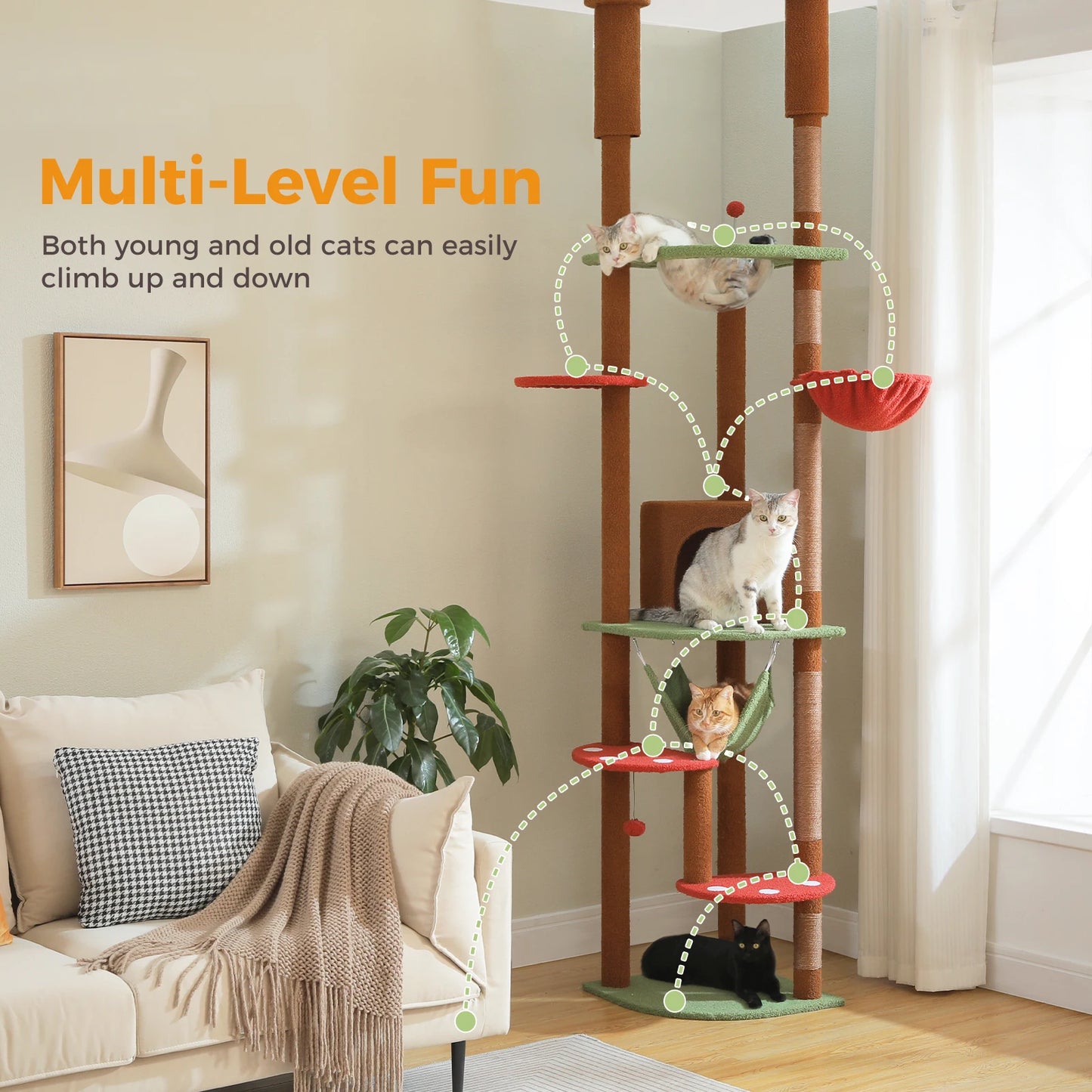 Tiragraffi Albero per Gatti da Pavimento a Soffitto | Cat Tree Regolabile con Cuccia, Amaca e Pali in Sisal