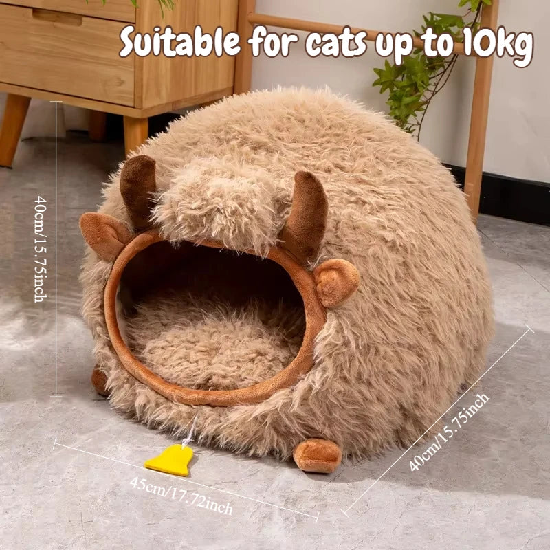 Cuccia Chiusa per Gatti a Forma di Yak – Casetta Calda Invernale Semi-Chiusa con Cuscino Rimovibile – Nido per Gatti e Cani Piccola Taglia