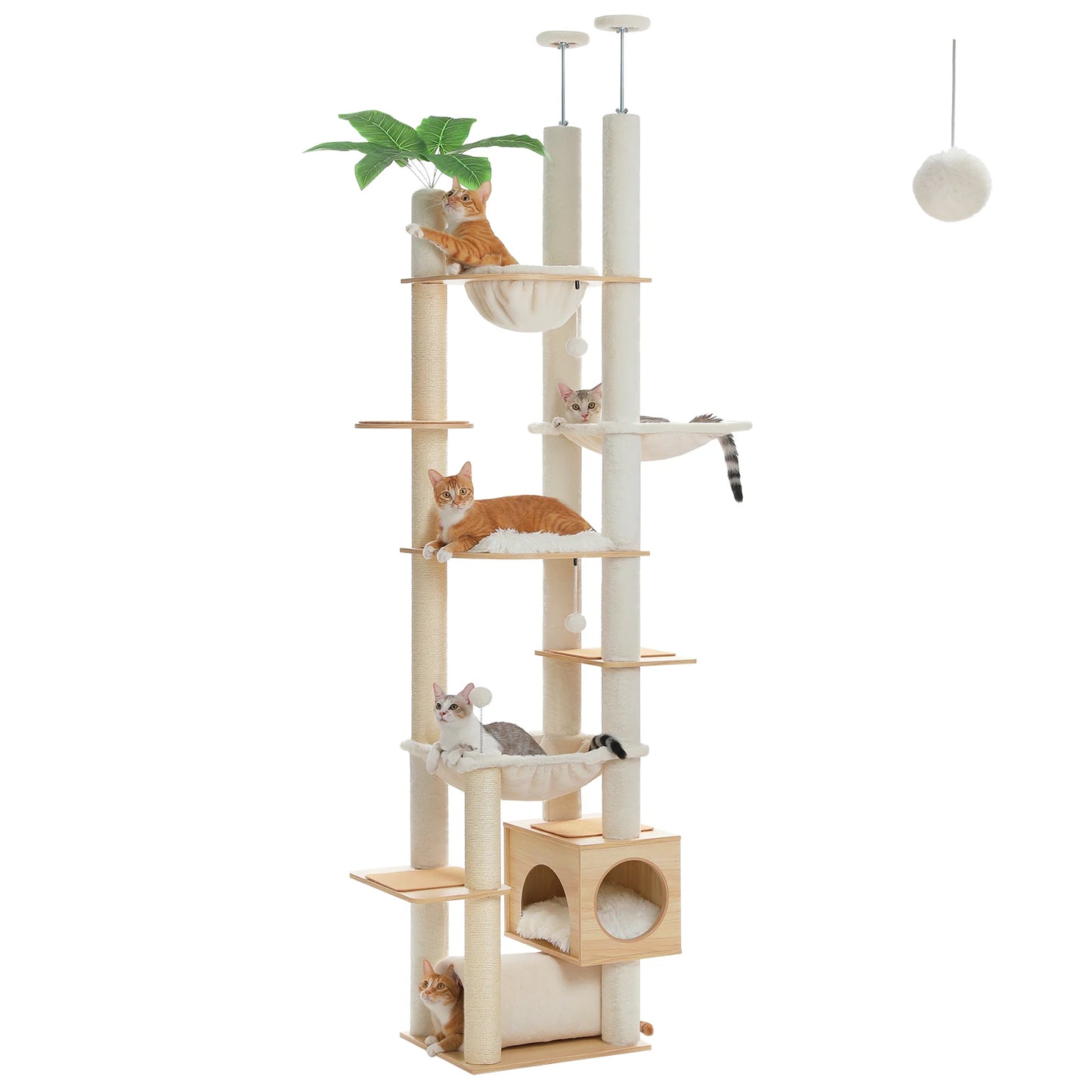 Tiragraffi Soffitto-Pavimento in Legno – Albero per Gatti Regolabile Multipiano con Amaca XL, Cuccia e Pali in Sisal