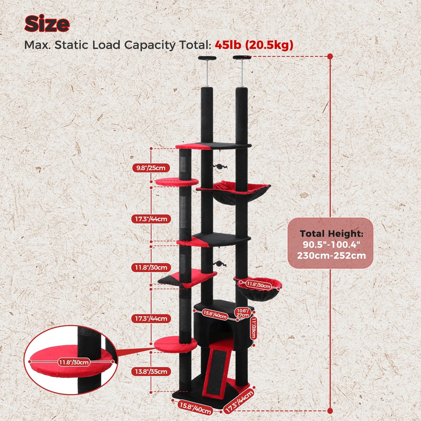 Tiragraffi Albero per Gatti da Pavimento a Soffitto | Cat Tree Regolabile con Cuccia, Amaca e Pali in Sisal