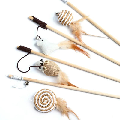Bacchetta Gioco per Gatti con Piume Colorate e Pendaglio | Cat Wand Interattiva in Legno