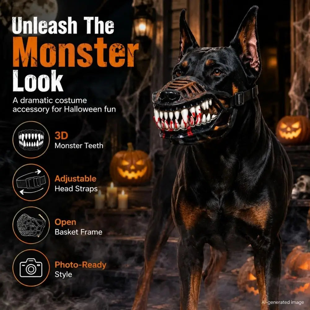 Maschera Mostro Halloween per Cani – Costume Effetto Museruola con Denti 3D