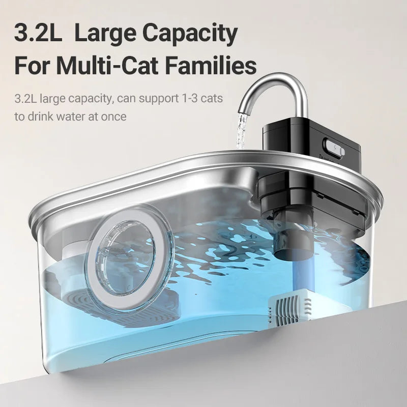 Fontanella Automatica per Cani e Gatti 3,2L in Acciaio Inox 304 con Sensore Intelligente, Batteria 4000 mAh e Tripla Modalità di Erogazione