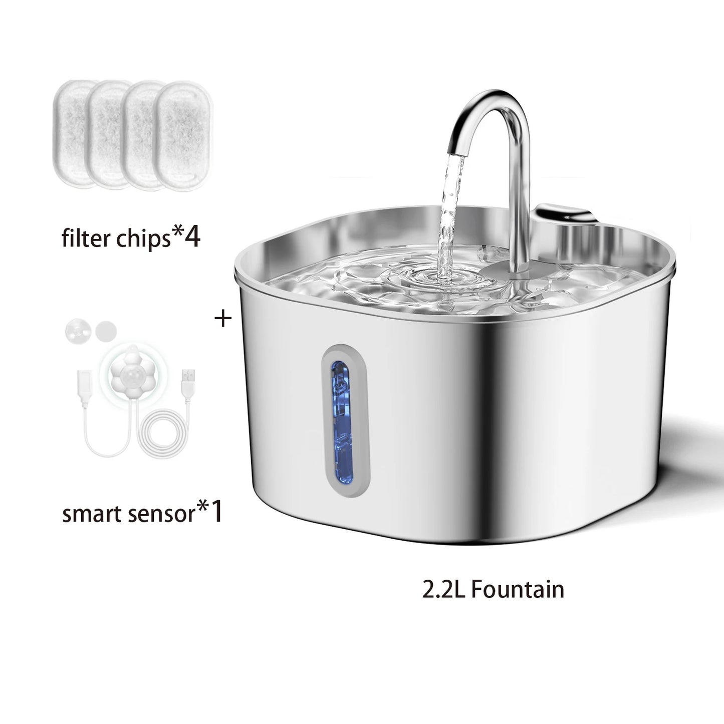 Fontanella Automatica 2,2 L in Acciaio Inox per Gatti e Cani con Filtro e Indicatore del Livello dell’Acqua