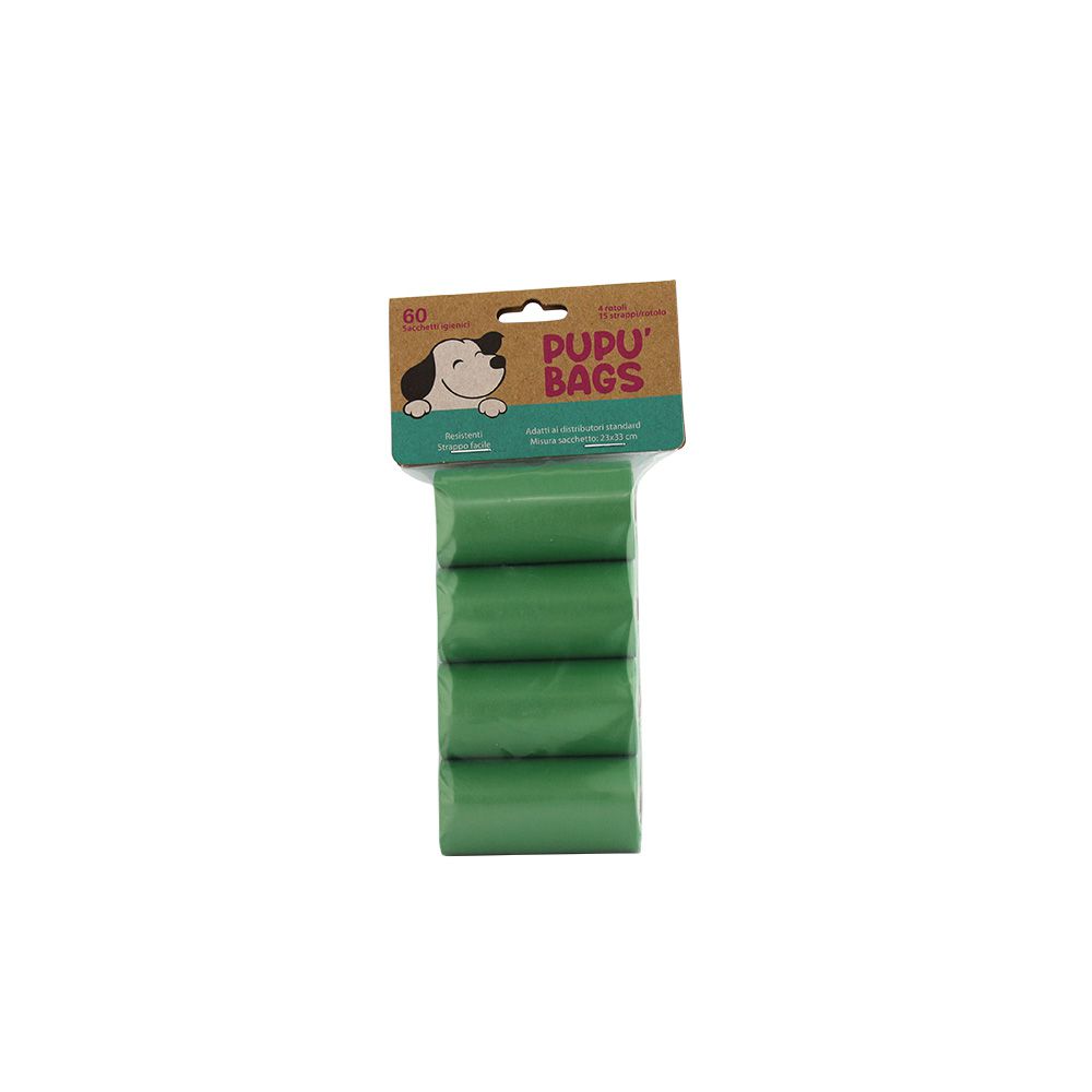 Confezione di 4 rotoli di sacchetti igienici neri, blu e verdi per cani Pupù Bags, sacchetti resistenti e inodori per la raccolta delle feci canine.