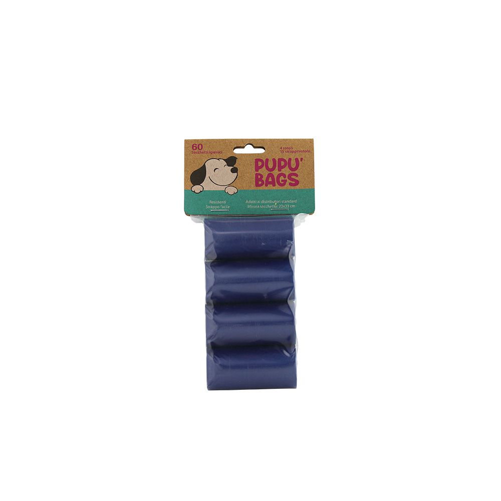 Confezione di 4 rotoli di sacchetti igienici neri, blu e verdi per cani Pupù Bags, sacchetti resistenti e inodori per la raccolta delle feci canine.