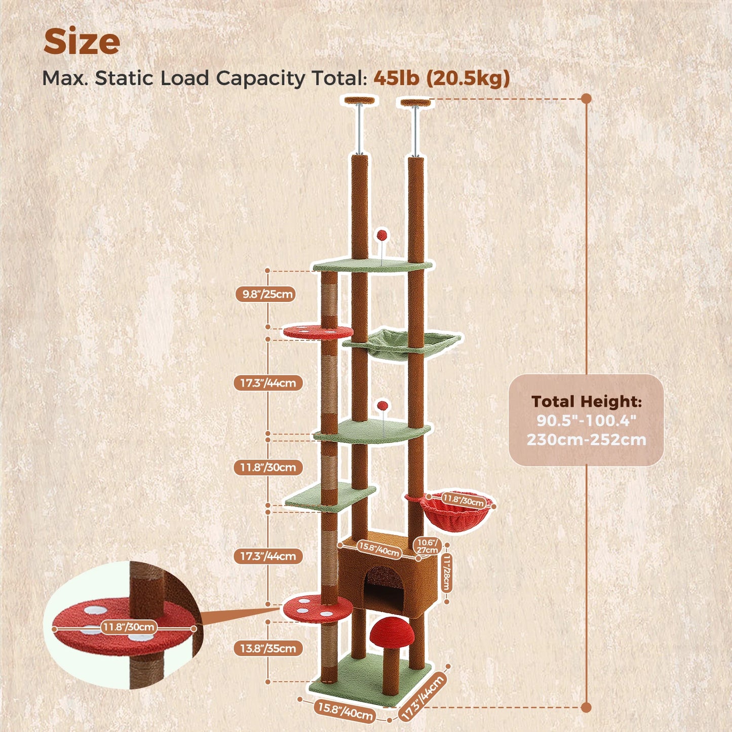 Tiragraffi Albero per Gatti da Pavimento a Soffitto | Cat Tree Regolabile con Cuccia, Amaca e Pali in Sisal