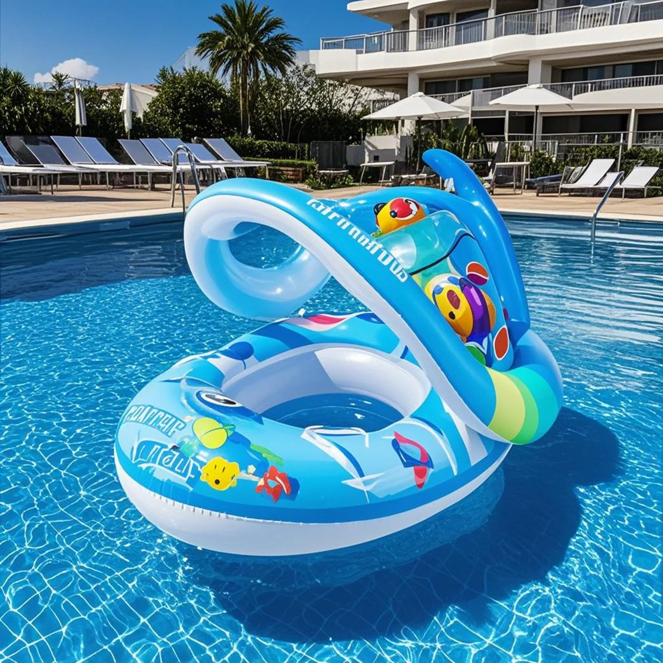 Salvagente gonfiabile per bambini 1-5 anni con tettuccio parasole staccabile, dimensioni 70x53 cm, disponibile in 4 fantasie colorate per mare e piscina.