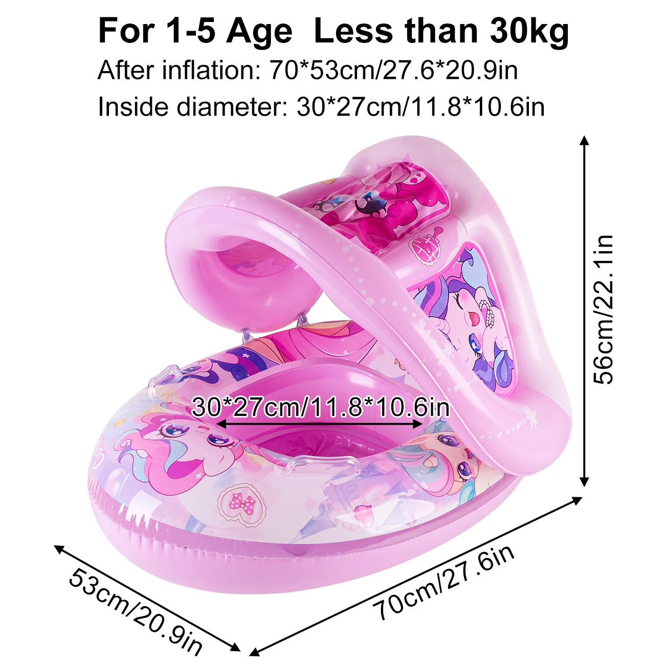 Salvagente gonfiabile per bambini 1-5 anni con tettuccio parasole staccabile, dimensioni 70x53 cm, disponibile in 4 fantasie colorate per mare e piscina.