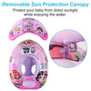 Salvagente gonfiabile per bambini 1-5 anni con tettuccio parasole staccabile, dimensioni 70x53 cm, disponibile in 4 fantasie colorate per mare e piscina.