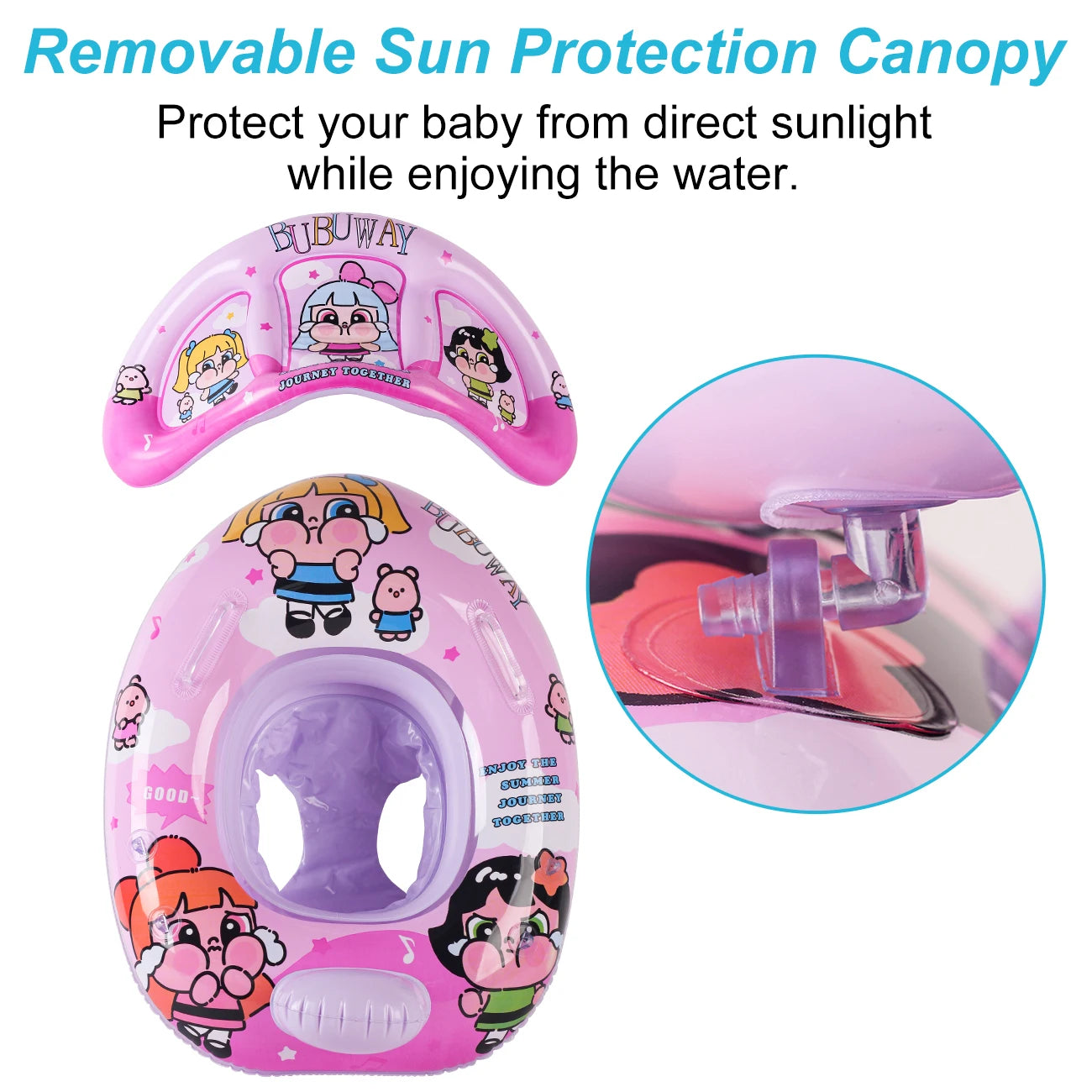 Salvagente gonfiabile per bambini 1-5 anni con tettuccio parasole staccabile, dimensioni 70x53 cm, disponibile in 4 fantasie colorate per mare e piscina.