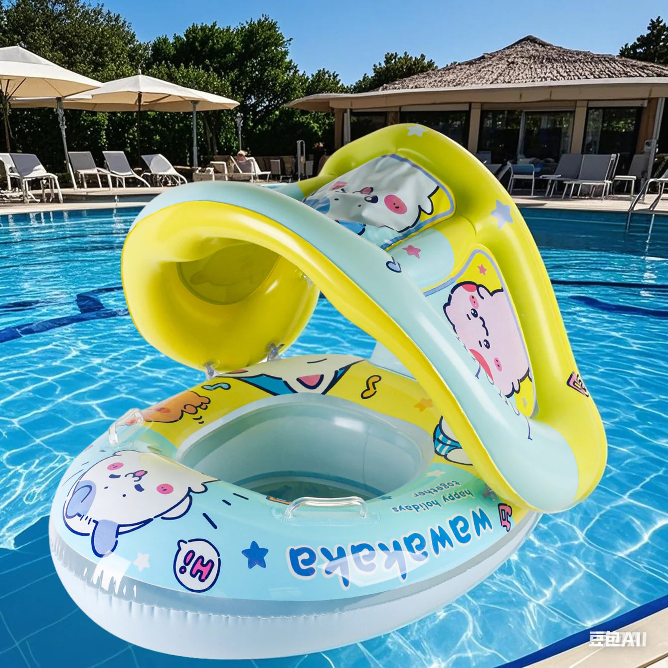 Salvagente gonfiabile per bambini 1-5 anni con tettuccio parasole staccabile, dimensioni 70x53 cm, disponibile in 4 fantasie colorate per mare e piscina.