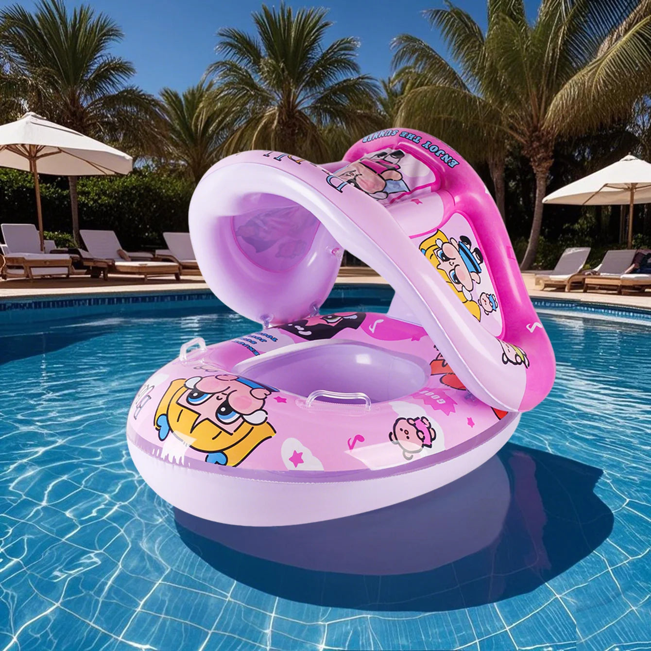 Salvagente gonfiabile per bambini 1-5 anni con tettuccio parasole staccabile, dimensioni 70x53 cm, disponibile in 4 fantasie colorate per mare e piscina.