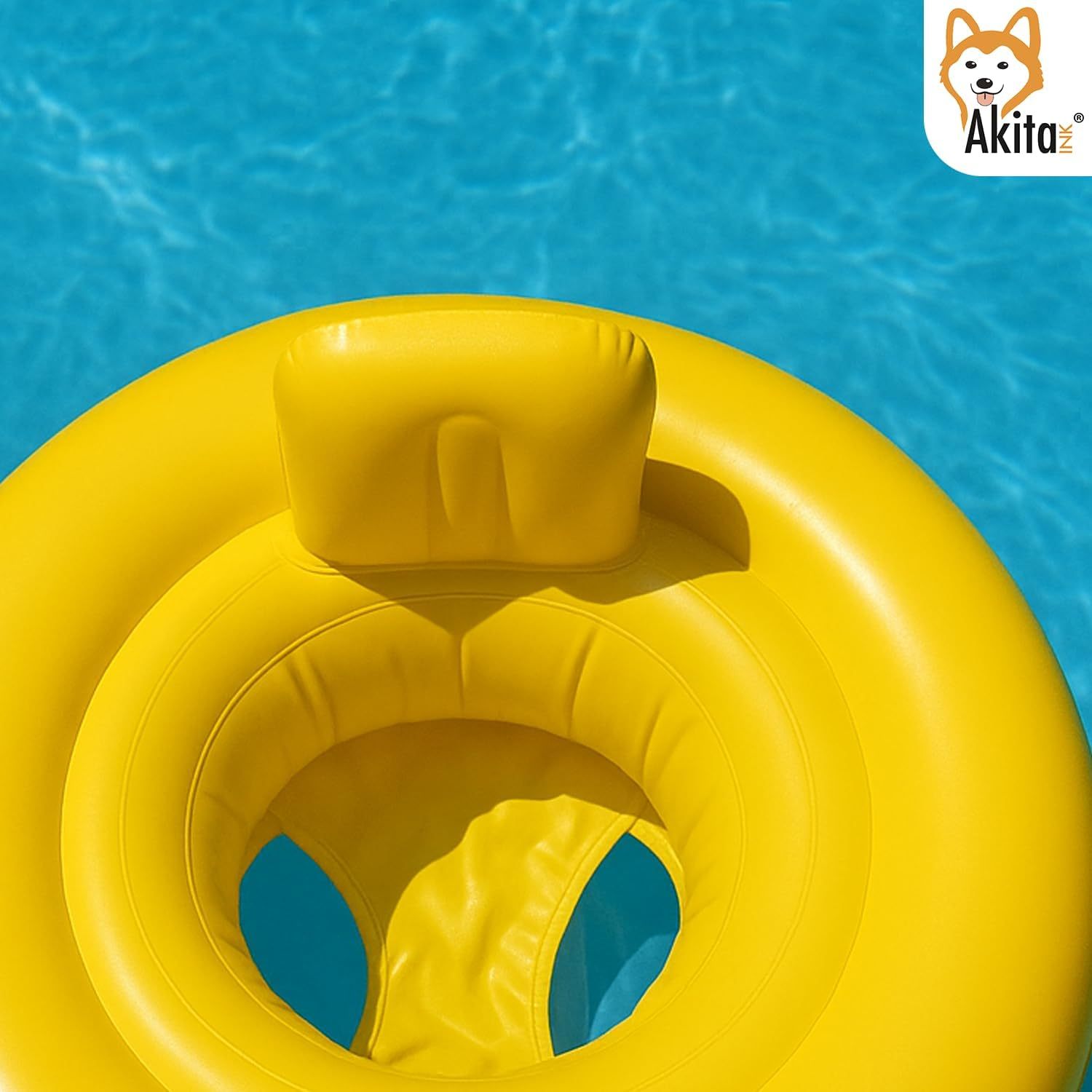 Salvagente giallo per neonati 6-12 mesi con seduta a mutandina, poggiatesta integrato e doppia camera d'aria circolare per massima stabilità in piscina.