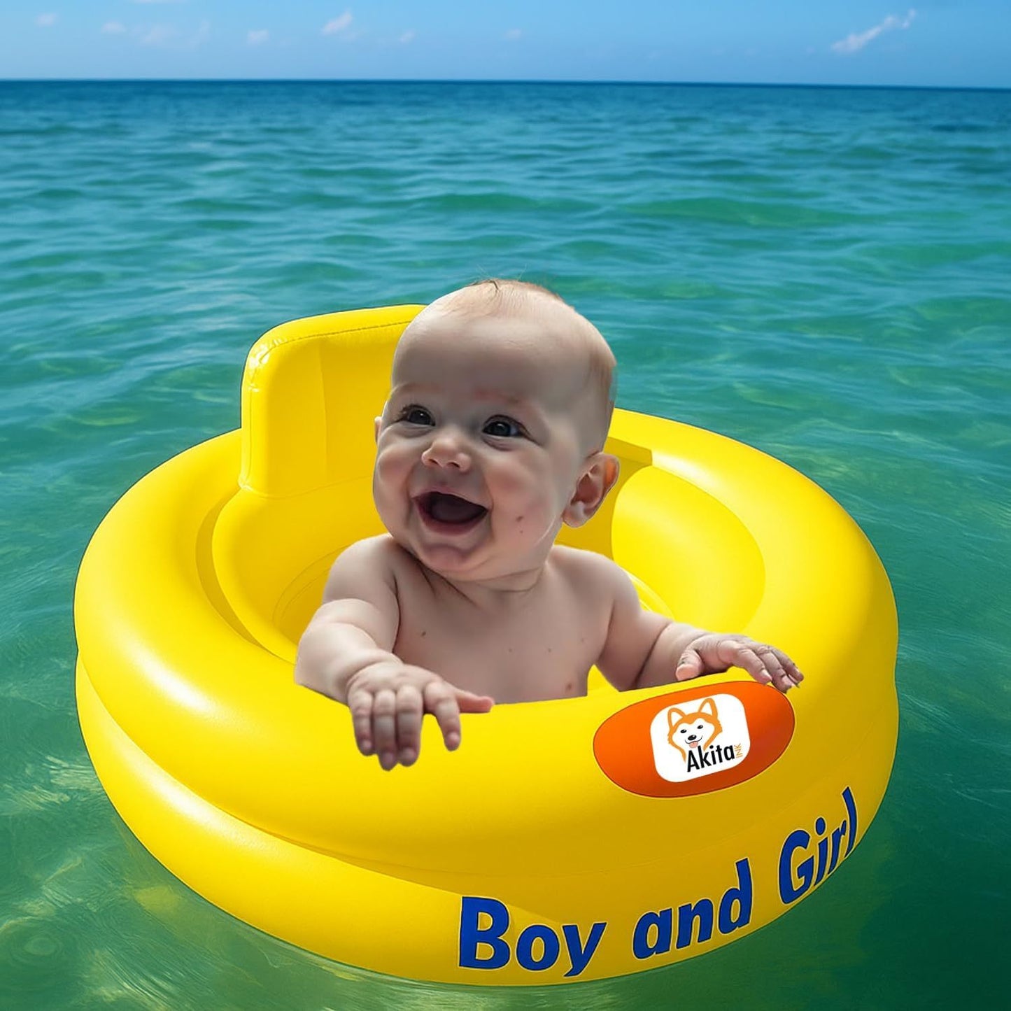 Salvagente giallo per neonati 6-12 mesi con seduta a mutandina, poggiatesta integrato e doppia camera d'aria circolare per massima stabilità in piscina.