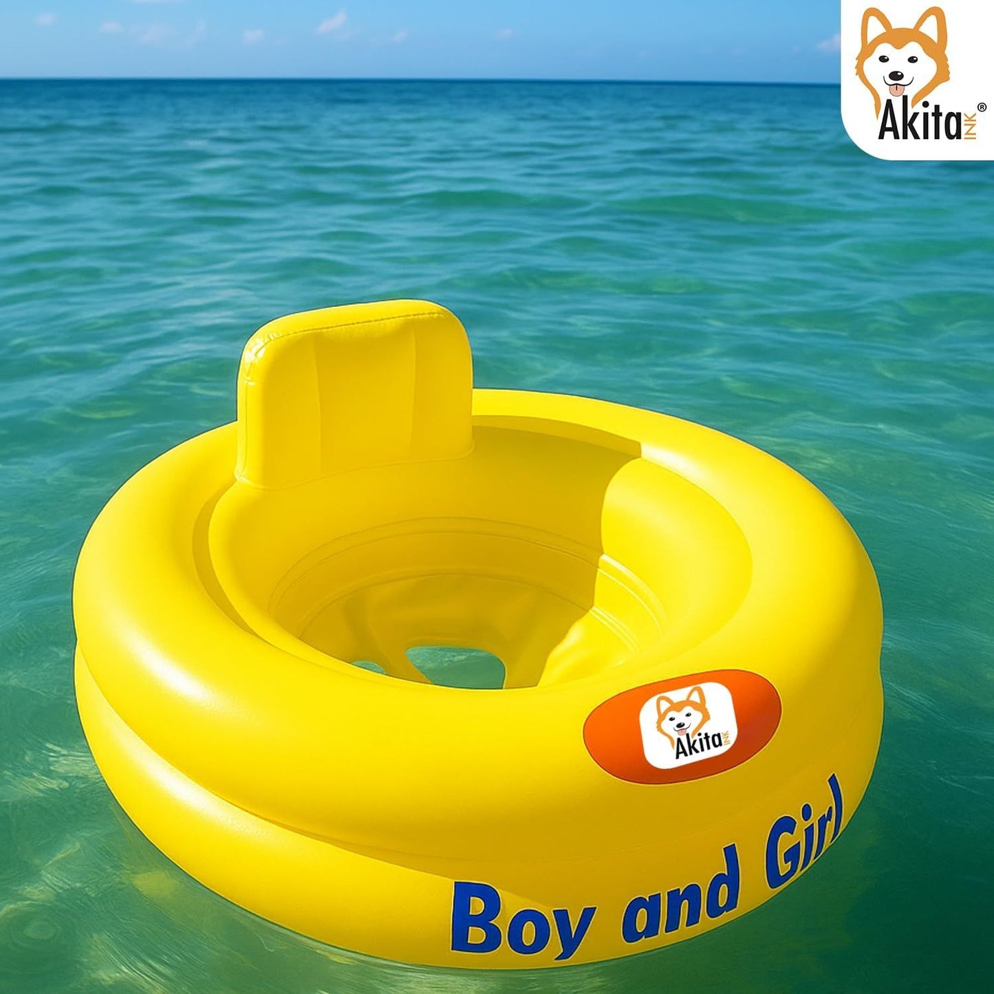 Salvagente giallo per neonati 6-12 mesi con seduta a mutandina, poggiatesta integrato e doppia camera d'aria circolare per massima stabilità in piscina.