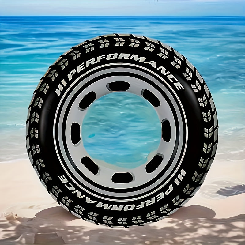 Salvagente gonfiabile a forma di ruota di macchina nera, design pneumatico realistico, disponibile in tre misure per bambini e adulti, ideale per mare e piscina.