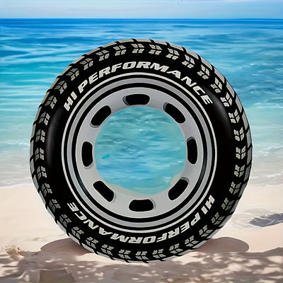 Salvagente gonfiabile a forma di ruota di macchina nera, design pneumatico realistico, disponibile in tre misure per bambini e adulti, ideale per mare e piscina.