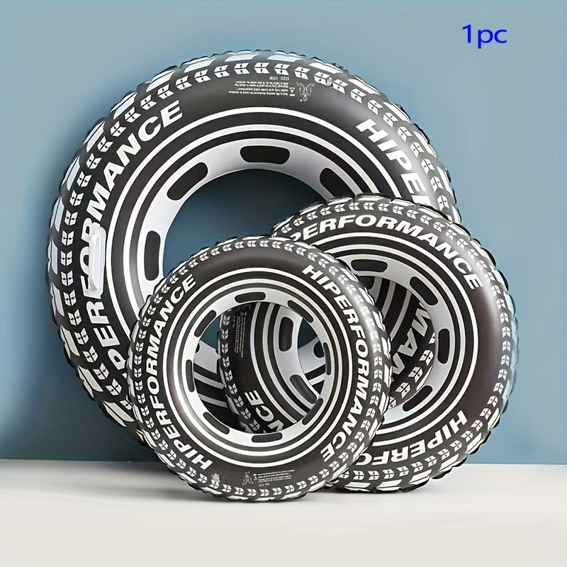 Salvagente gonfiabile a forma di ruota di macchina nera, design pneumatico realistico, disponibile in tre misure per bambini e adulti, ideale per mare e piscina.