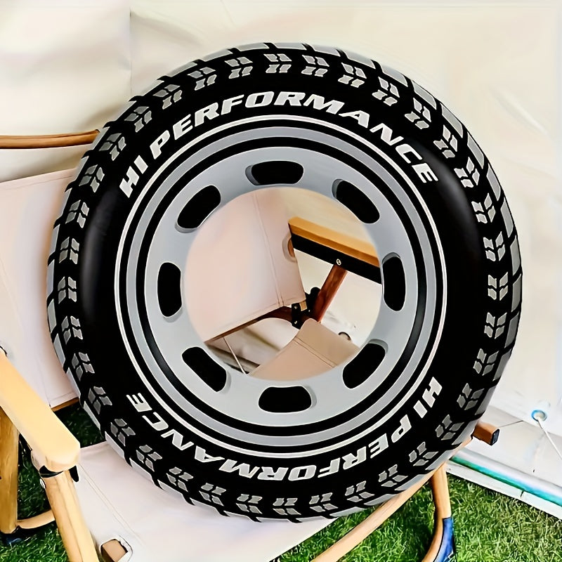 Salvagente gonfiabile a forma di ruota di macchina nera, design pneumatico realistico, disponibile in tre misure per bambini e adulti, ideale per mare e piscina.
