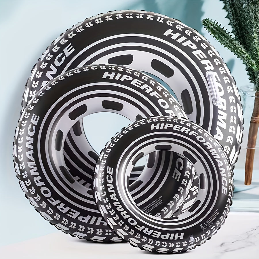 Salvagente gonfiabile a forma di ruota di macchina nera, design pneumatico realistico, disponibile in tre misure per bambini e adulti, ideale per mare e piscina.