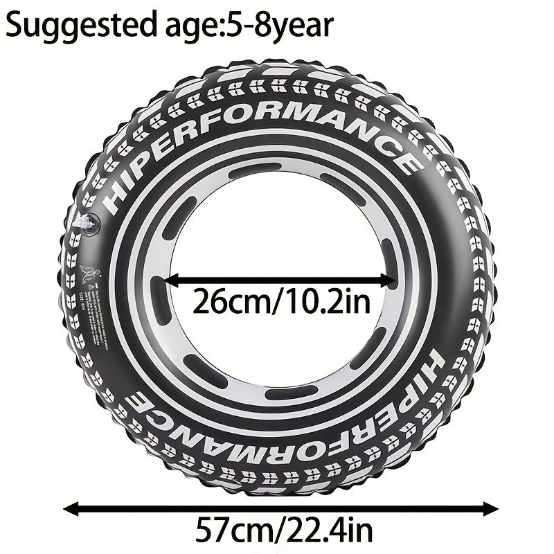 Salvagente gonfiabile a forma di ruota di macchina nera, design pneumatico realistico, disponibile in tre misure per bambini e adulti, ideale per mare e piscina.