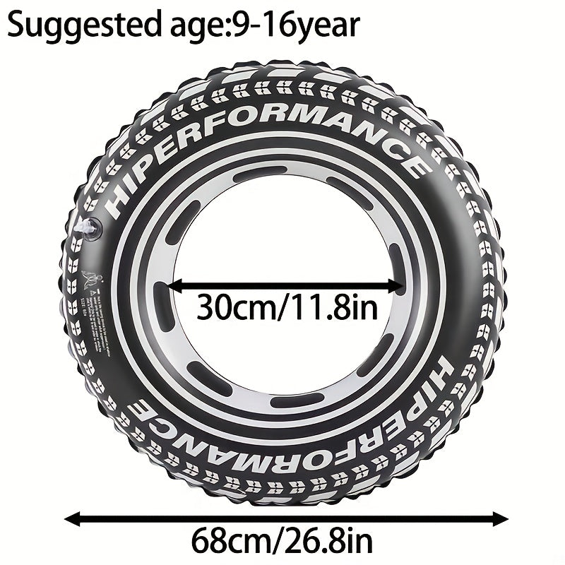 Salvagente gonfiabile a forma di ruota di macchina nera, design pneumatico realistico, disponibile in tre misure per bambini e adulti, ideale per mare e piscina.