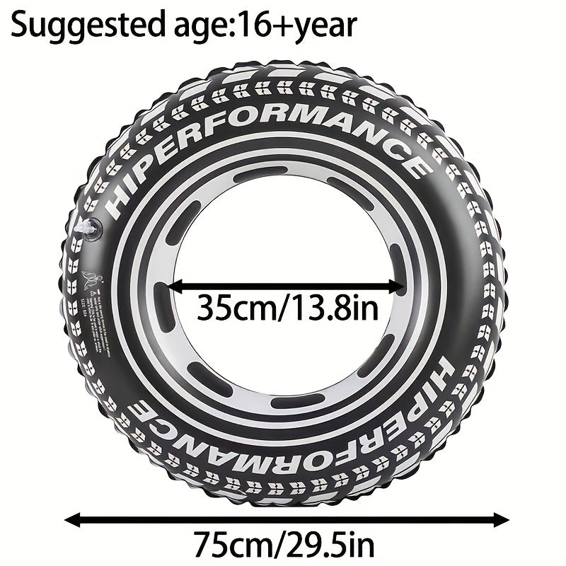 Salvagente gonfiabile a forma di ruota di macchina nera, design pneumatico realistico, disponibile in tre misure per bambini e adulti, ideale per mare e piscina.