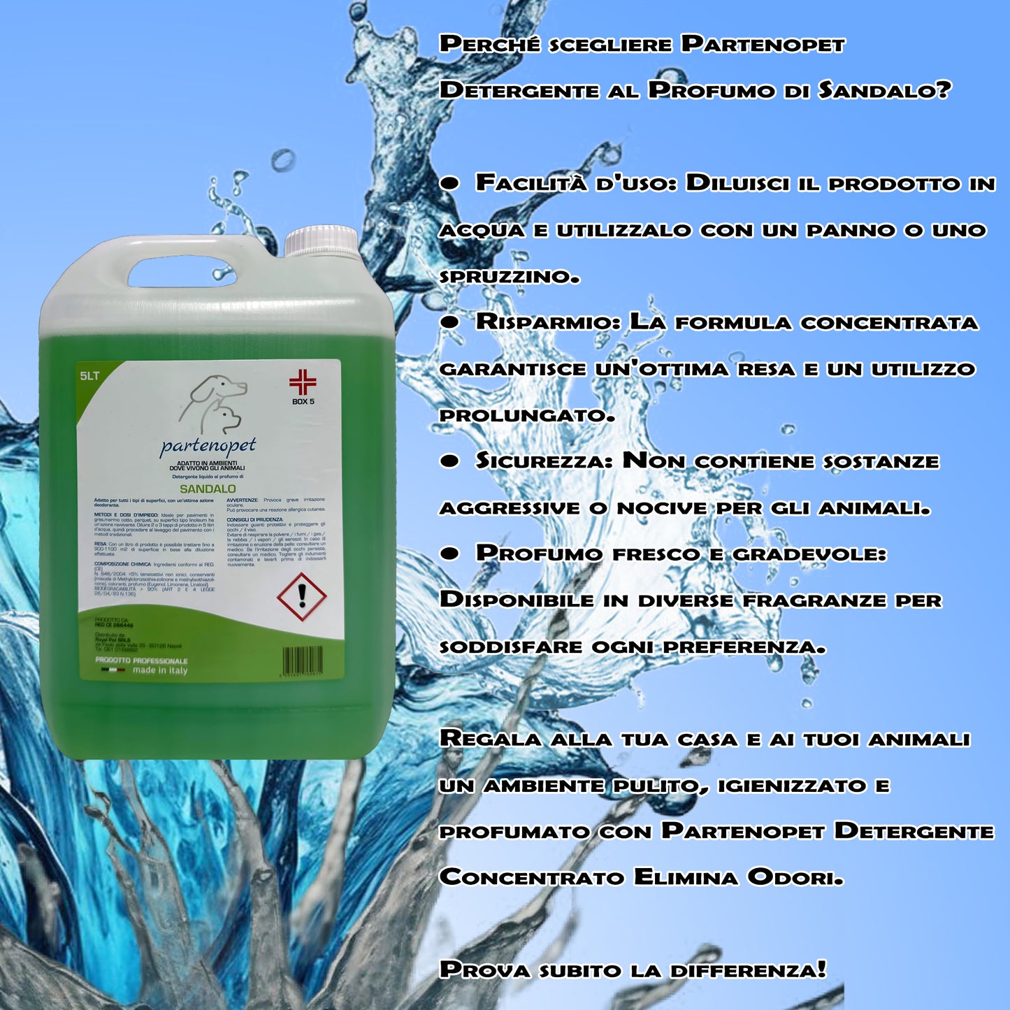 Partenopet Detergente Concentrato Elimina Odori per Tutte le Superifici Specifico per Ambienti con Animali al Sandalo 5 L - Partenopet