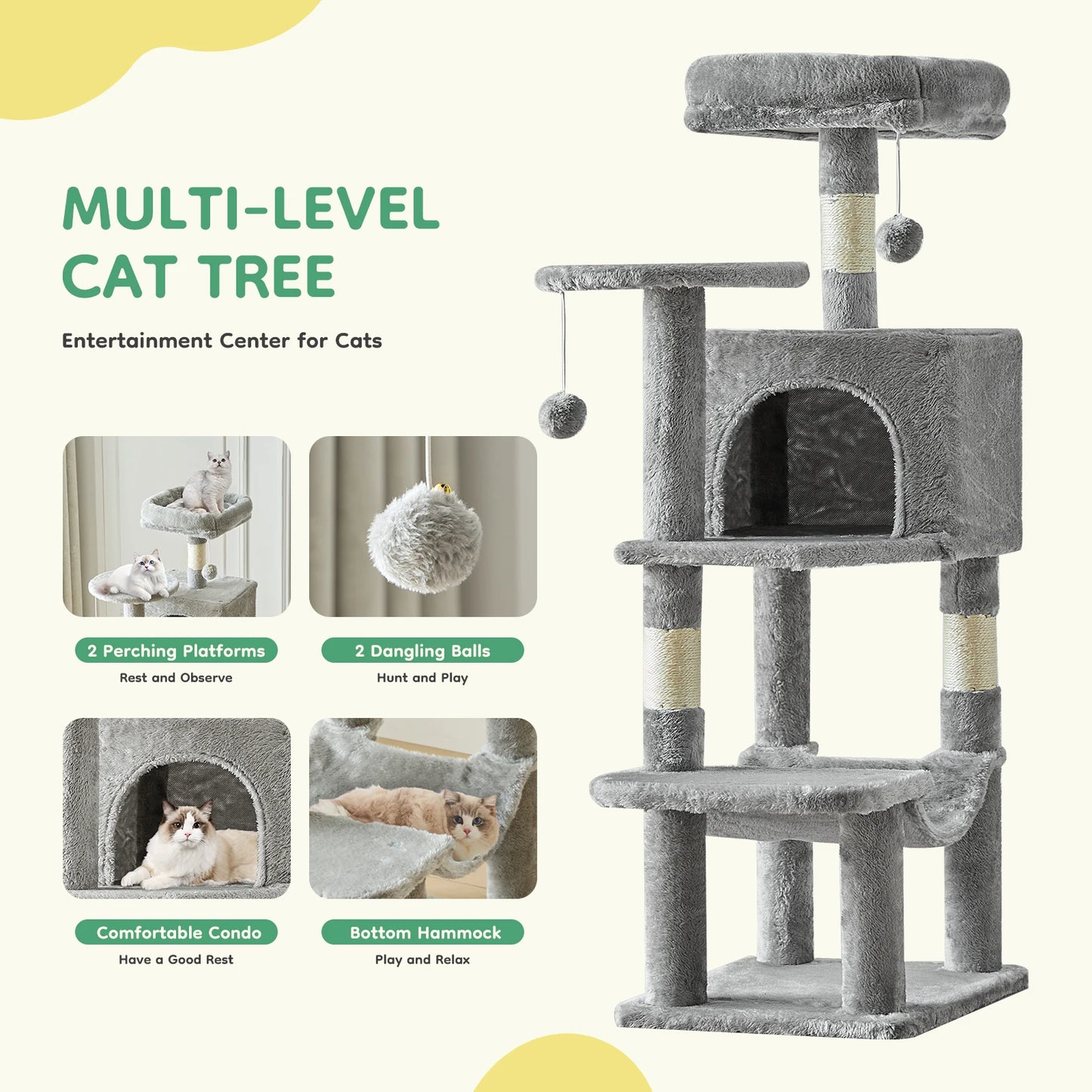 Tiragraffi per Gatti Multi-Livello 112 cm con Cuccia, Amaca, Piattaforme e Tiragraffi in Sisal