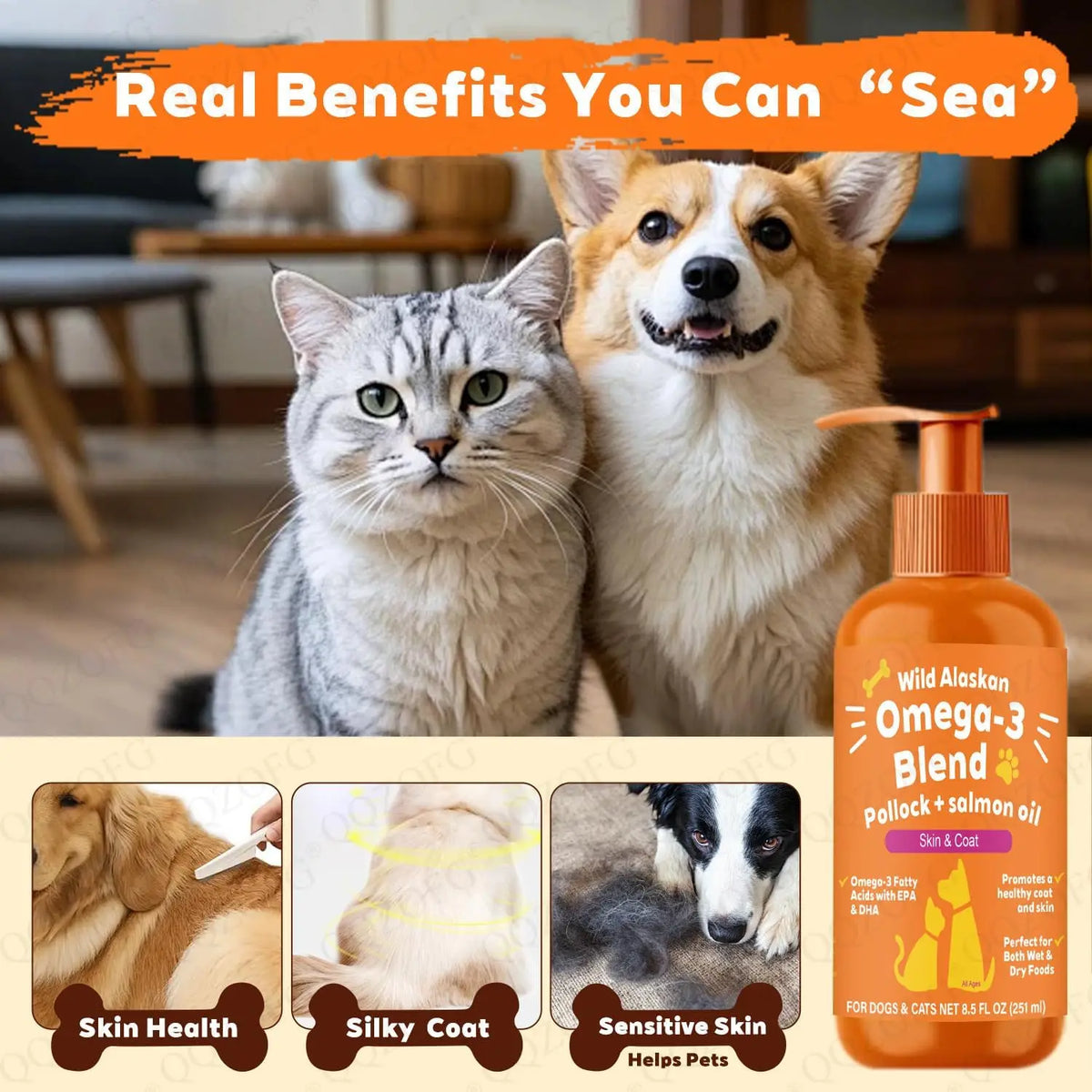 Olio Omega-3 di Salmone e Pollock dell’Alaska per Cani e Gatti 251 ml – EPA e DHA