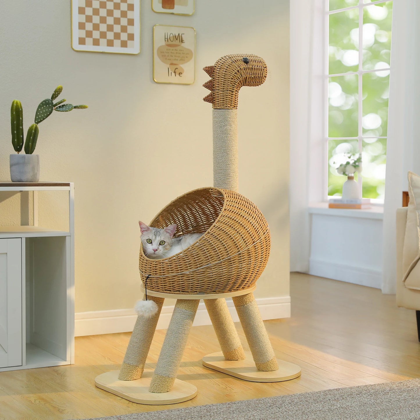 Tiragraffi per Gatti Dinosauro 116 cm con Cuccia in Rattan e Sisal