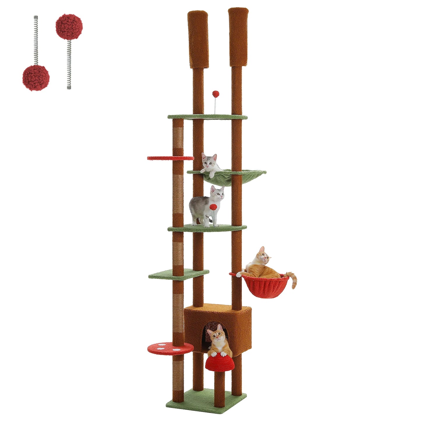 Tiragraffi Soffitto-Pavimento in Legno – Albero per Gatti Regolabile Multipiano con Amaca XL, Cuccia e Pali in Sisal