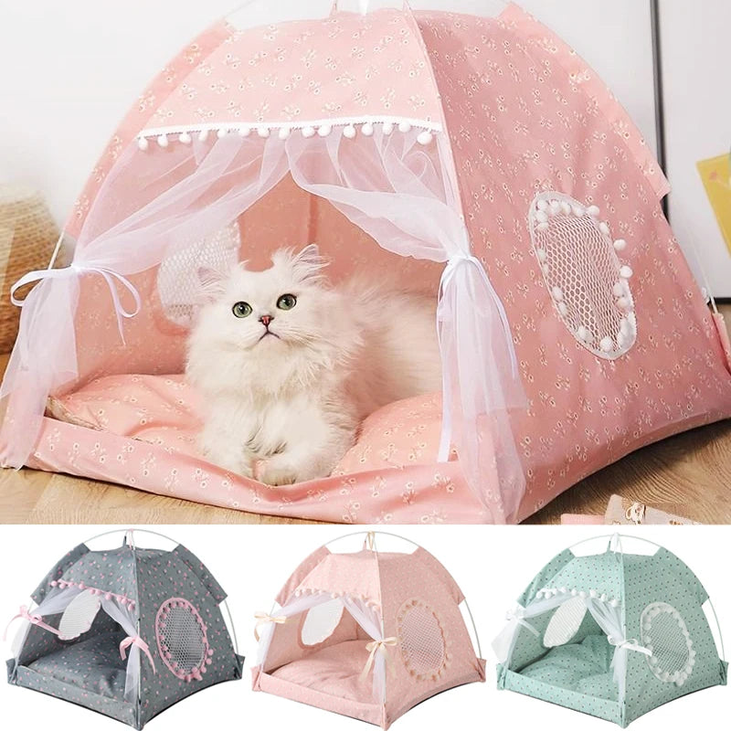 Cuccia Tenda Pieghevole per Gatti – Casetta Portatile 4 Stagioni con Tappetino Fresco – Nido Traspirante per Animali Domestici