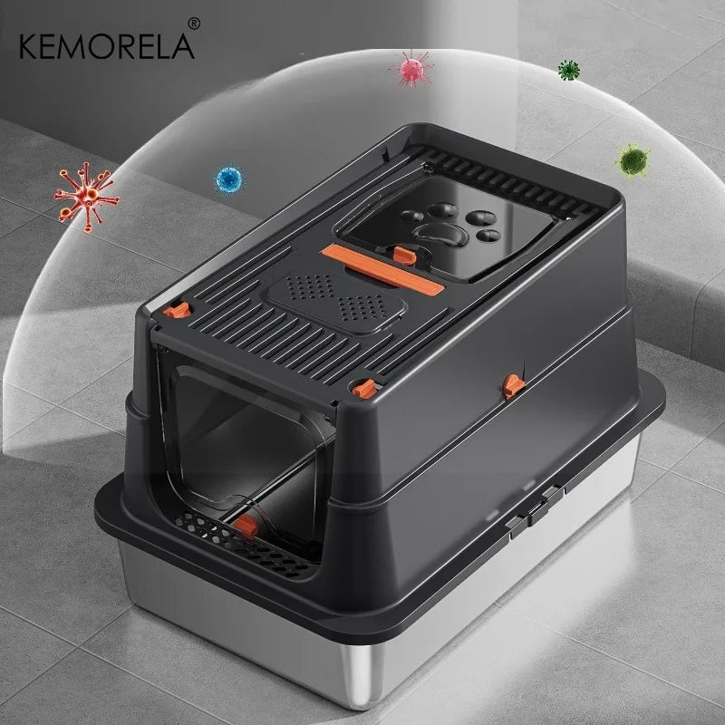 Lettiera Chiusa XXL per Gatti con Base in Acciaio Inox e Tetto Removibile 60×41×39 cm