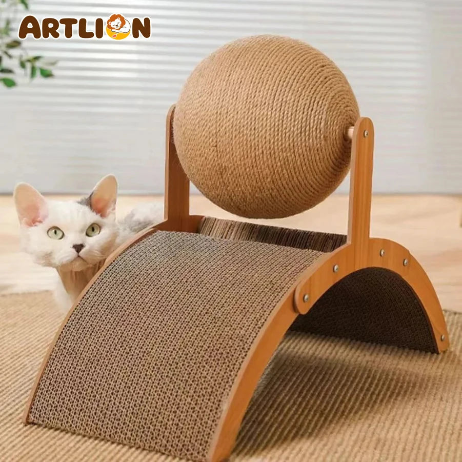 Sisal Rope Cat Scratching Ball – Gioco Tiragraffi a Palla per Gatti e Cuccioli in Corda di Sisal Naturale e Supporto in Legno (Salva-Mobili e Antistress)