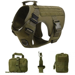 Pettorina Tattica per Cani Grandi MOLLE Regolabile con Maniglia e Attacchi Guinzaglio – Green 4 piece set