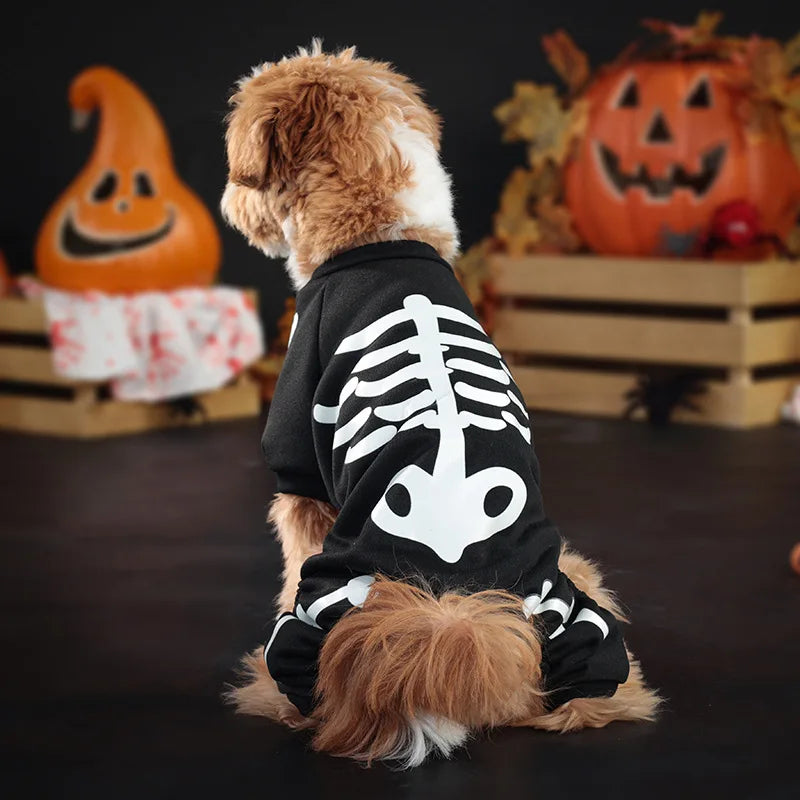 Costume Scheletro Halloween per Cani Fosforescente – Tutina Nera per Cani Piccoli e Medi