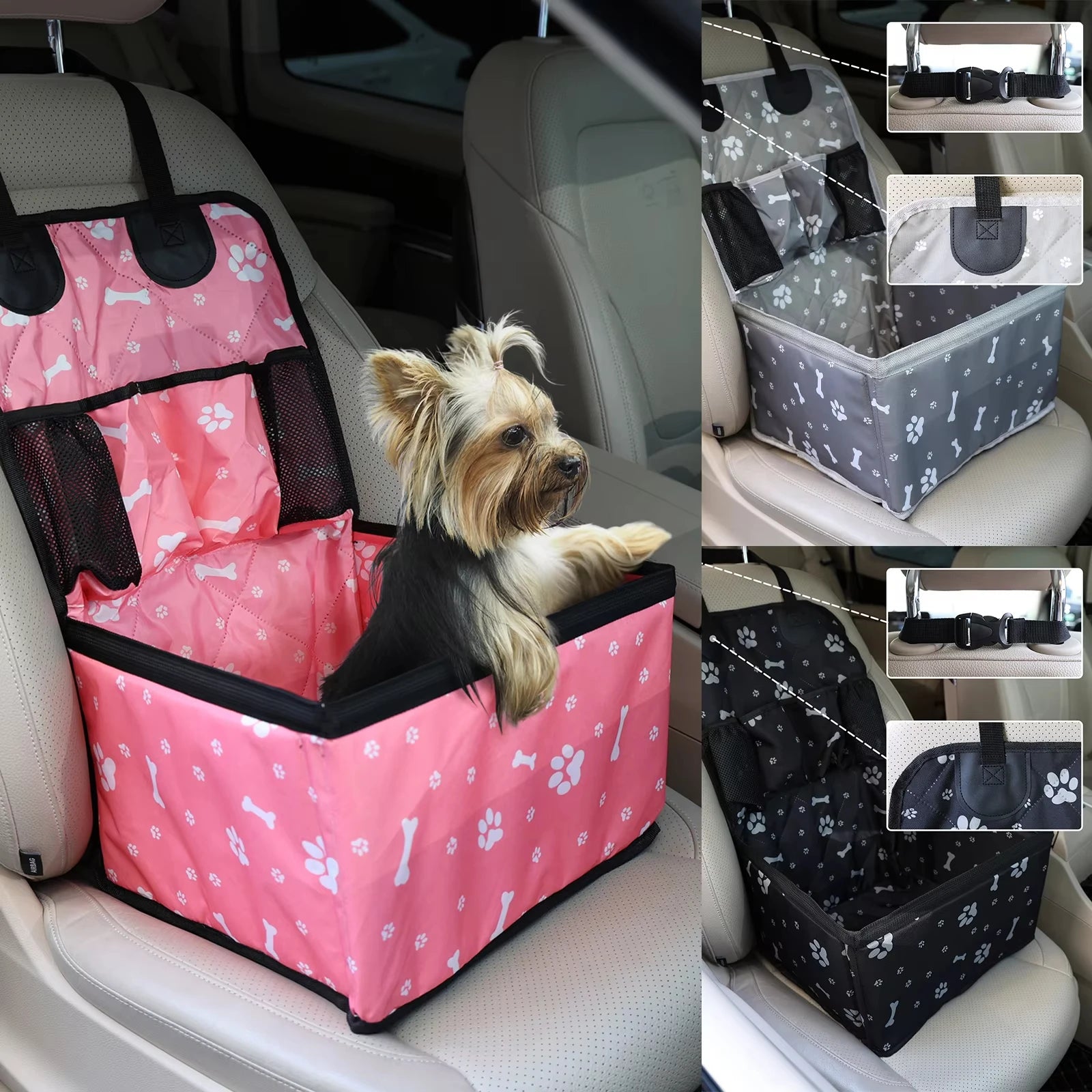 Seggiolino auto booster per cani di piccola taglia disponibile nei colori nero e rosa, posizionato sul sedile anteriore, con tasche laterali e materiale resistente antigraffio.