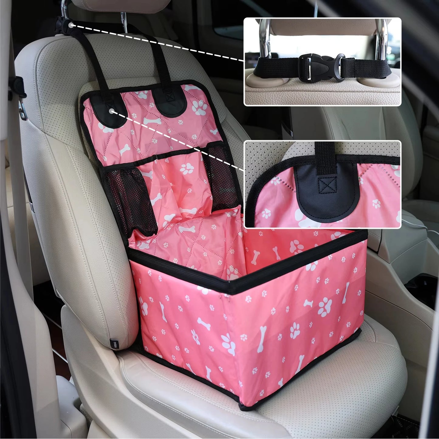 Seggiolino auto booster per cani di piccola taglia disponibile nei colori nero e rosa, posizionato sul sedile anteriore, con tasche laterali e materiale resistente antigraffio.